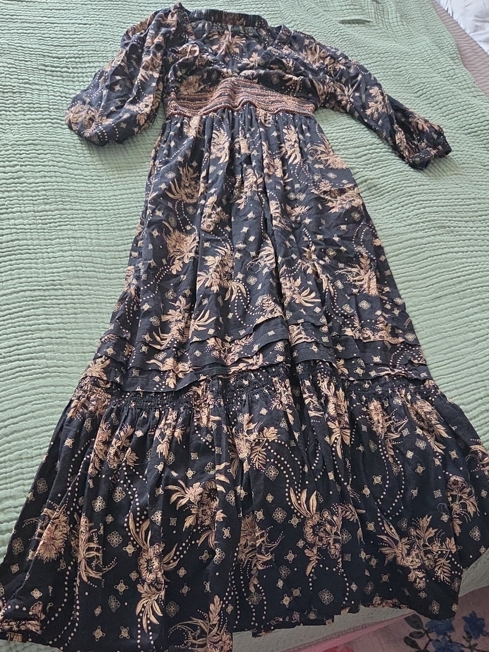 Free People Black Maxi Dress with Beige Floral Print